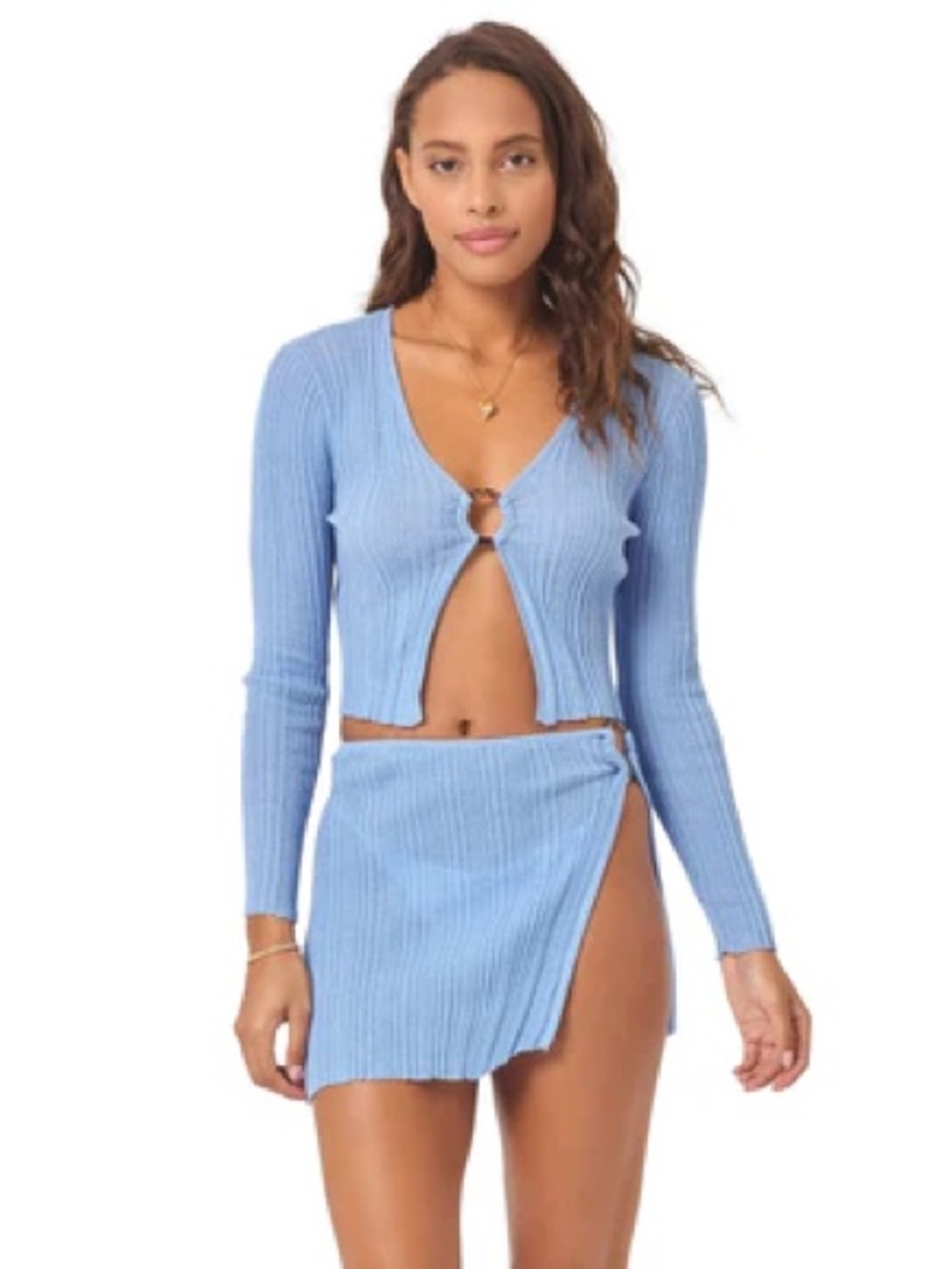 L*Space Women Tropea Cardigan Sweater Light Blue Ribbed Crop Ring Keyhole Clasp